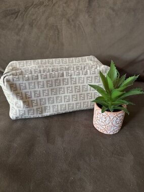 Fendi Beige and Taupe FF Logo Canvas Large  Pouch Excellent Condition